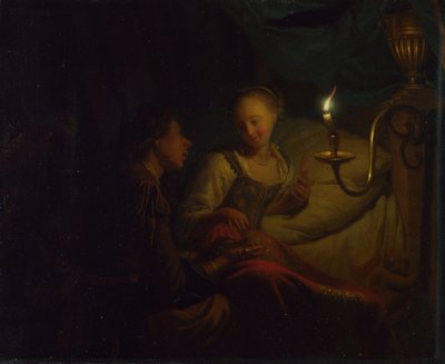 Mum Işığında Bir Sahne. Bir Yatakta Oturan Bir Kıza Altın Zincir ve Madeni Para sunan bir Adam, yaklaşık. 1665-1667 by Godfried Cornelisz Schalcken