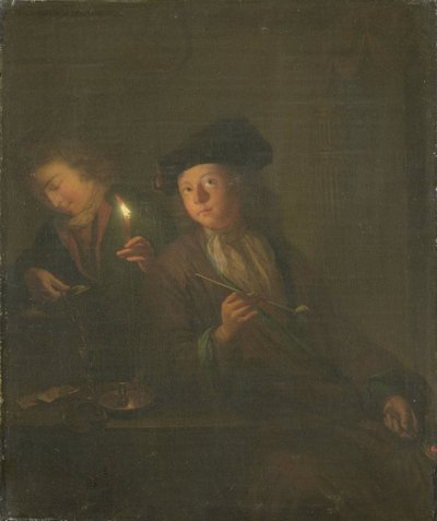 Sigara İçen (Pipolu Adam ve Bardağa İçecek Döken Adam) by Godfried Schalcken (attributed to)