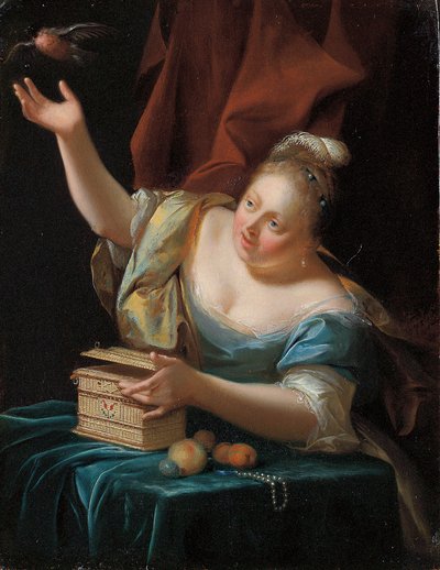 Süslü kostümlü bir masanın yanında oturan, ötücü kuşu kafesinden kurtaran bir kadın by Godfried Schalcken