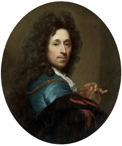 Seçici Palatine Johann Wilhelm madalyonu ile mavi bir ceket ve kahverengi kadife pelerinli sanatçının portresi by Godfried Schalcken