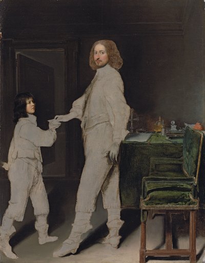 Bir adamın portresi, tam boy, bir çocuğa bir mektup uzatıyor, bir iç mekanda by Gonzales Coques