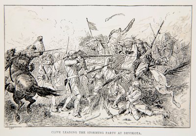 Clive, Devikota'daki fırtınalı partiye liderlik ediyor, GA Henty, pub'ın "With Clive in India, or the Beginnings of an Empire"dan bir örnek. Londra, 1884 by Gordon Frederick Browne