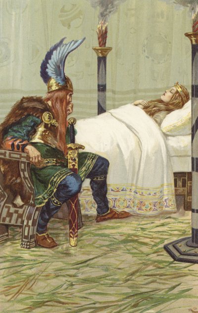 Harald onun yanına oturdu ve onu izledi (chromolitho) by Gordon Frederick Browne