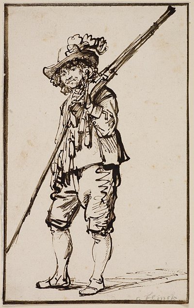 Omzunun üzerinde bir tüfekle ayakta duran bir asker by Govert Flinck