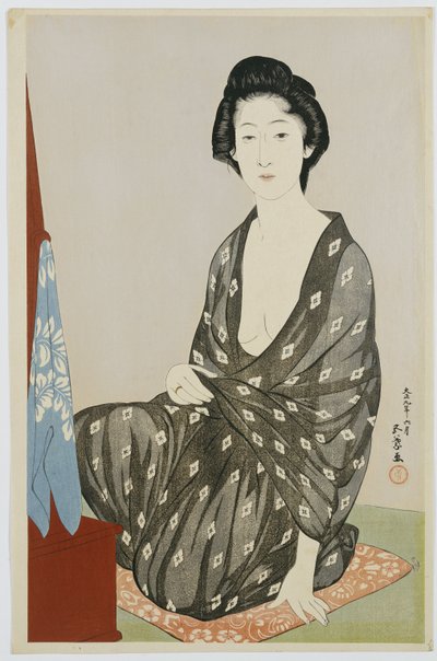 Beyaz hanabishi desenli siyah kimono giymiş bir güzel, aynanın önünde oturuyor, 1920 by Goyo Hashiguchi