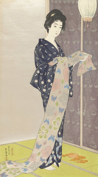 Yaz kimonolu genç kadın, 1920 (renkli gravür) by Goyo Hashiguchi