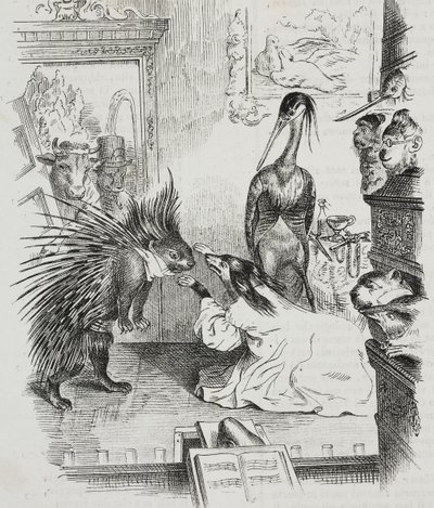 Köpek ve kirpi, karikatür Jean-Jacques Grandville (1803-1847), Poliorama Pittoresco