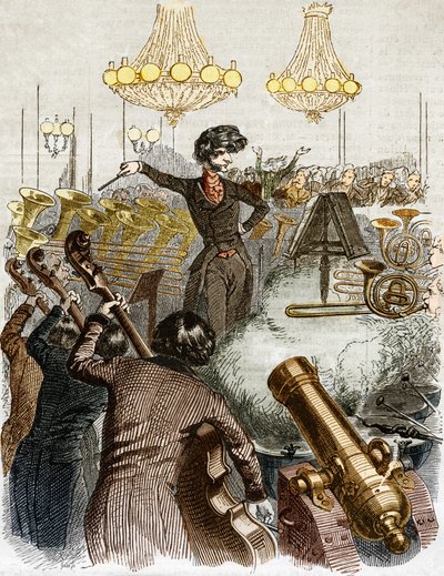 Bir konserde makineli tüfek vardır. Bir orkestrayı yöneten Hector Berlioz'un karikatürü. Grandville tarafından resmedilen “” Jerome Paturot sosyal bir konum arayışında” da. by Grandville