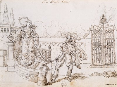 Bluebeard, Charles Perrault (1628-1703) tarafından peri masalı için illüstrasyon, Grandville (1803-1847) tarafından gravür by Grandville