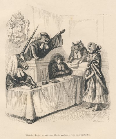 Tek boynuzlu at, kedi, köpek ve kurttan oluşan mahkemede kendini savunan kedi. JJ Granville tarafından gösterilen vinyetler. Honore de Balzac tarafından "Sc. by Grandville