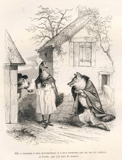 Bir köpek, bir tavuk ve bir tilki arasındaki konuşma. JJ Granville tarafından gösterilen vinyetler. Gravür, Charles Nodier