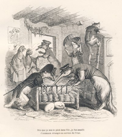 Adaya ayak basar basmaz devletin hizmetinde garip hayvanların saldırısına uğradım. JJ Granville tarafından gösterilen vinyetler. "Scenes de la vie pri"de George Sand tarafından yazılan "Voyage d