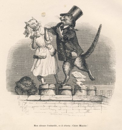Bir çatıda birbirini baştan çıkaran iki kedi. JJ Granville tarafından gösterilen vinyetler. Gravür, Honore de Balzac