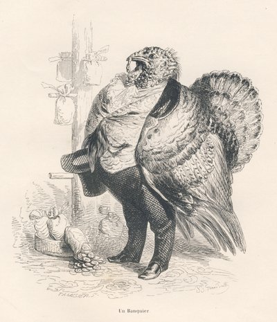 Türkiye bir bankacıdır. JJ Granville tarafından gösterilen vinyetler. PJ Stahl'ın "Hayvanların özel ve kamusal yaşamından sahneler"de yazdığı "Yaşlı bir karganın hatıraları" başlıklı bölümde Tamisier imzalı gravür. Paris, J. Hetzel  by Grandville