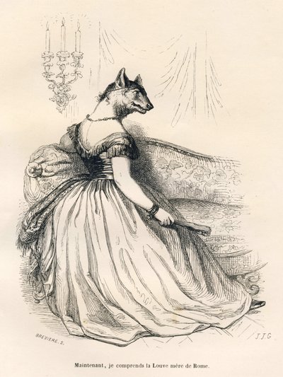 Kurt, bir koltuğa oturmuş. JJ Granville tarafından gösterilen vinyetler. George Sand'in "Hayvanların özel ve kamusal yaşamından sahneler"de yazdığı "Paris'ten Bir Serçenin Yolculuğu" başlıklı bölümde Breviere imzalı gravür. Pari by Grandville