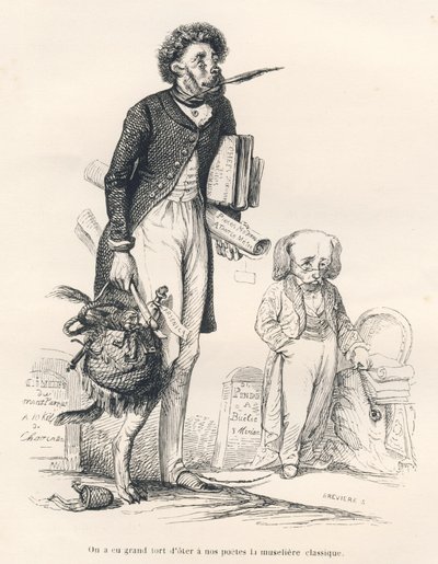 Şairlerimizi klasik namludan mahrum etmekle çok yanılmışız. JJ Granville tarafından gösterilen vinyetler. Gravür imzalı Breviere Jules Janin tarafından yazılan "Le premier feuilleton de Pistolet" başlıklı bölümde "Yılların özel ve kamusal ya by Grandville