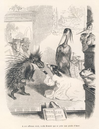 Bir kirpi, bir köpek ve bir balıkçıl ile opera sahnede. JJ Granville tarafından gösterilen vinyetler. "Hayvanların özel ve kamusal yaşamından sahneler"de Jules Janin tarafından yazılan "İlk tabanca serisi" başlıklı bölümde Godard imzalı by Grandville