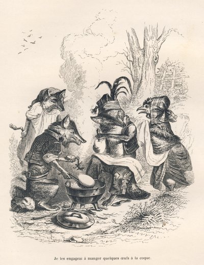 Ağlayan bir tavuğun önünde horoz yumurtası yiyen tilkiler. JJ Granville tarafından gösterilen vinyetler. Gravür, Charles Nodier