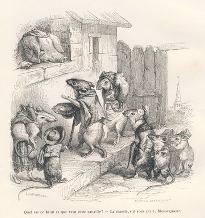 Fare bir domuza sadaka yapıyor. JJ Granville tarafından gösterilen vinyetler. Gravür, Edouard Lemoine