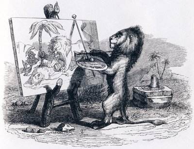 Adam tarafından öldürülen aslan - La Fontaine'in Masalları by Grandville