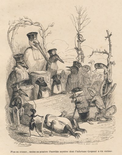 Mahkeme, kurbağa cinayetinin suçlusunu ortaya çıkarmak için leylek ve diğer kuşlar, bir köstebek ve bir kertenkeleden oluşur. JJ Granville tarafından gösterilen vinyetler. Gravür, Andrew, Best ve Leloir imzalı "Adil Ceza Mahkemesi" başlıklı bölümde by Grandville