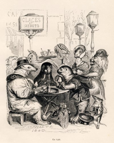 Her türden hayvanın uğrak yeri olan bir kafe. JJ Granville tarafından gösterilen küçük resimler. Honore de Balzac
