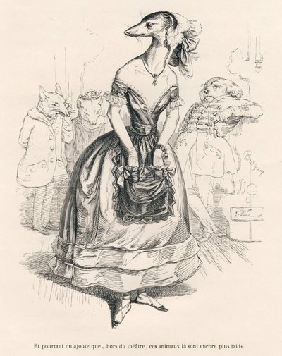 ... tiyatronun dışında, bu hayvanlar daha da çirkin. JJ Granville tarafından gösterilen vinyetler. Jules Janin'in "Hayvanların özel ve kamusal yaşamından sahneler" bölümünde yazdığı "İlk tabanca serisi" başlıklı bölümde Godard imzal by Grandville