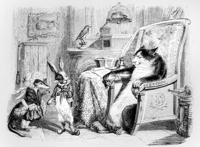 Kedi, Gelincik ve Küçük Tavşan, H. Fournier Aine tarafından yayınlanan La Fontaine (1621-95) 'Masalları' için illüstrasyon, 1838 by Grandville