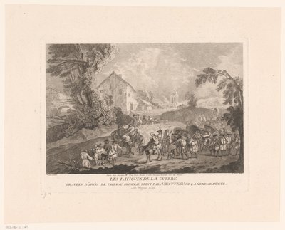 Birlikte yürüyen bir grup askerin olduğu manzara Les Fatigues de la Guerre (nesnedeki başlık) Antoine Watteau