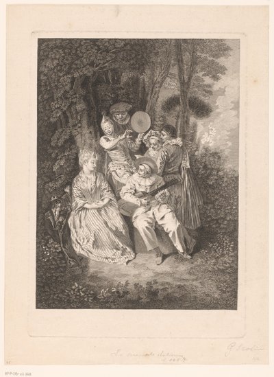 Bir bayana serenat yapan tiyatro figürleriyle park manzarası La Serenade Italienne (nesne üzerindeki başlık) Antoine Watteau
