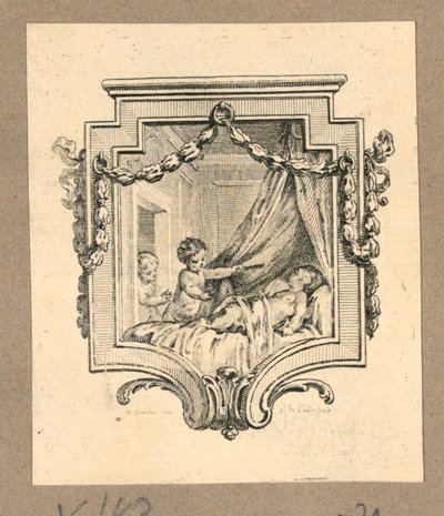 İki Çocuk Rozetli Uyuyan Birini İzliyor by Gravelot