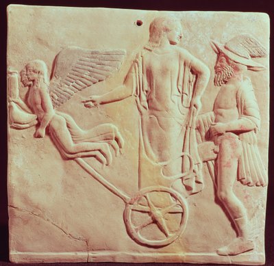 Afrodit ve Hermes, Eros ve Psyche tarafından çekilen bir arabaya binerken, MÖ 470 (pişmiş toprak) by Greek