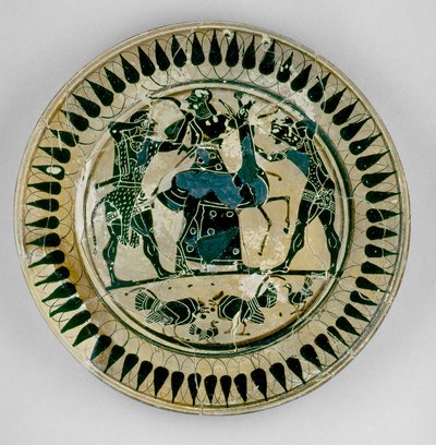 ಗ್ರೀಸ್, c.560 BC (ಸೆರಾಮಿಕ್) ಟರ್ಕ್‌ನಿಂದ ಲಿಡೋಸ್ ರೀತಿಯಲ್ಲಿ, ಹೆರಾಕಲ್ಸ್ ಮತ್ತು ಅಪೊಲೊ ಜಿಂಕೆಯ ಮೇಲೆ ಹೋರಾಡುವ ಮತ್ತು ಆರ್ಟೆಮಿಸ್‌ನಿಂದ ಬೇರ್ಪಟ್ಟ ದೃಶ್ಯದೊಂದಿಗೆ ಅಟ್ಟಿಕ್ ಕಪ್ಪು-ಆಕೃತಿಯ ಫಲಕವನ್ನು ಅಲಂಕರಿಸಲಾಗಿದೆ. by Greek