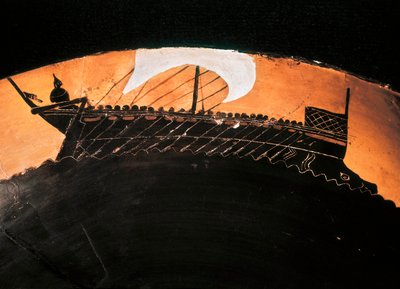 Bir Yunan gemisinin temsili ile antika siyah figürlü fincan. MÖ 5. yüzyıl. BN, Paris. by Greek