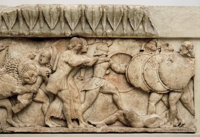 Gigantomachy: Kybele'nin aslanı bir devi yutarken Apollo ve Artemis devlere karşı savaşıyor, MÖ 525 by Greek