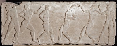 Altı sporcuyu temsil eden bir cenaze kourosunun mermer kabartma çorapları. 510 -500 M.Ö. Akropolis Atina