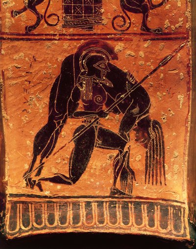 Siyah figürlü çanak çömlek, Francois vazosu, çömlekçi Ergotimos ve ressam Kleitias imzalı Attik volüt krater, detay, Aşil