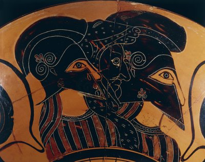Miğferli üç savaşçıyı betimleyen Yunan siyah figürlü vazodan detay by Greek School