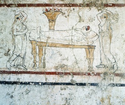 Gaudo Nekropolü, ölüyü ölüm döşeğinde betimleyen Lucanian fresk mezar resmi, MÖ 340 by Greek School