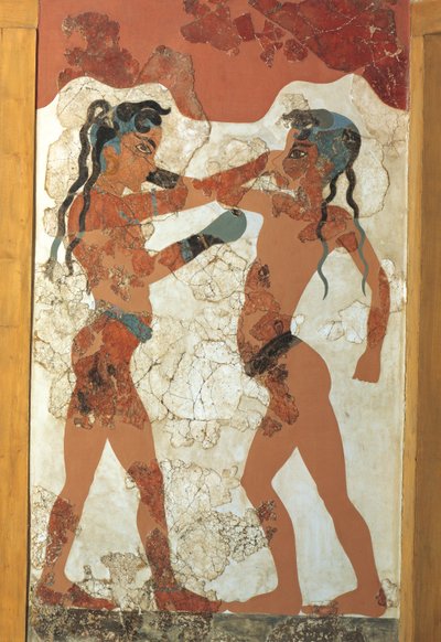 Yunan uygarlığı, genç boksörleri tasvir eden fresk, Akrotiri'den, Thera Adası, Santorini, Yunanistan by Greek School