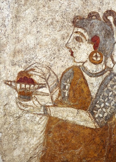 Akrotiri, Thera Adası, Santorini, Yunanistan'dan Yunan uygarlığı, rahibenin tütsü yakan fresk by Greek School