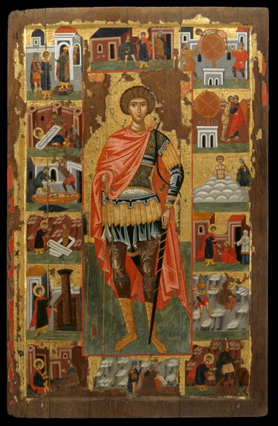 Hayatından Sahnelerle Aziz George Simgesi (panelde yumurta tavuğu) by Greek School