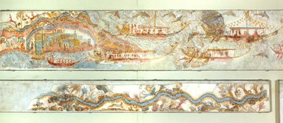 Deniz seferleri ve nehir manzarası, Akrotiri freski, Thera (bugünkü Santorini), Yunanistan, Minos Uygarlığı by Greek School