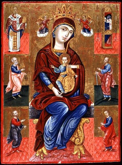Skopiotisa Bakiresi Mesih ve Altı Aziz ile Enthroned, c.1700 (panelde altın varak ve mizaç) by Greek School