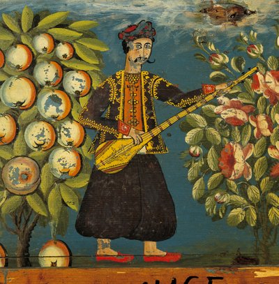 Midilli, Midilli, 18.-19. yüzyıldan bir sandıktan bir müzisyen detayı (ahşap üzerine yumurta tempera) by Greek School