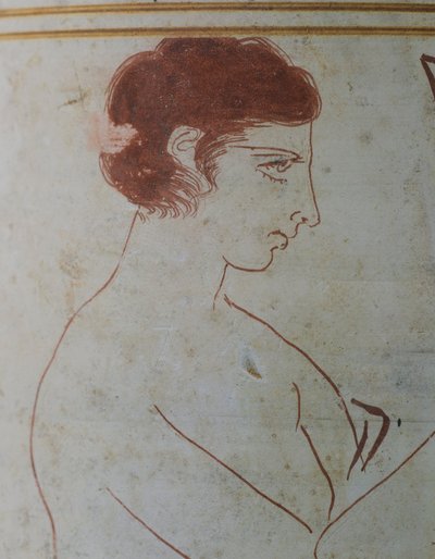 Attika lekythos, mezarının önünde oturan bir savaşçının cenaze sahnesini gösteriyor, MÖ 420-410, Efesli Ressam Parrhasius'a atfediliyor, Atina, Yunanistan'dan beyaz toprak çanak çömlek. detay. Yunan Uygarlığı, MÖ 5. Yüzyıl. by Greek School