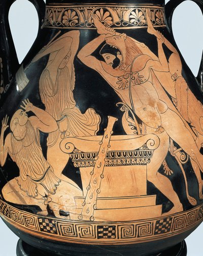 Herakles'in kral Busiris'i ve Mısırlı rahipleri öldürdüğünü tasvir eden tavan arası pelikesi, Pan Painter tarafından, kırmızı figürlü çanak çömlek by Greek School