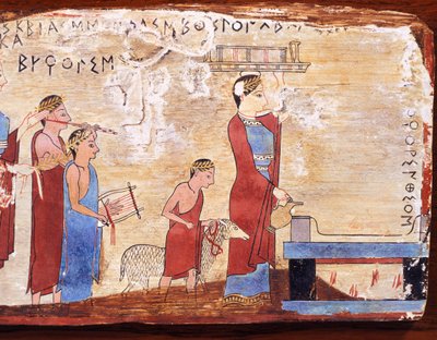 Kurbanı gösteren sahne, Pitsa'dan boyalı tablet, Yunanistan, Yunan Uygarlığı, MÖ 6. Yüzyıl by Greek School