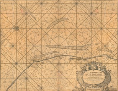 Yarmouth ve çevresindeki kumların haritası, 1700 civarı (renkli gravür) by Greenvile Collins