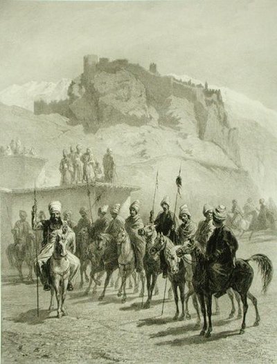 Atskhour Kalesi, Akhaltsik, Adolphe Mouilleron (1820-81) tarafından oyulmuş Kafkasya üzerine bir kitaptan plaka 10, Alfred Leon Lemercier, Paris tarafından yayınlandı by Grigori Grigorevich (after) Gagarin